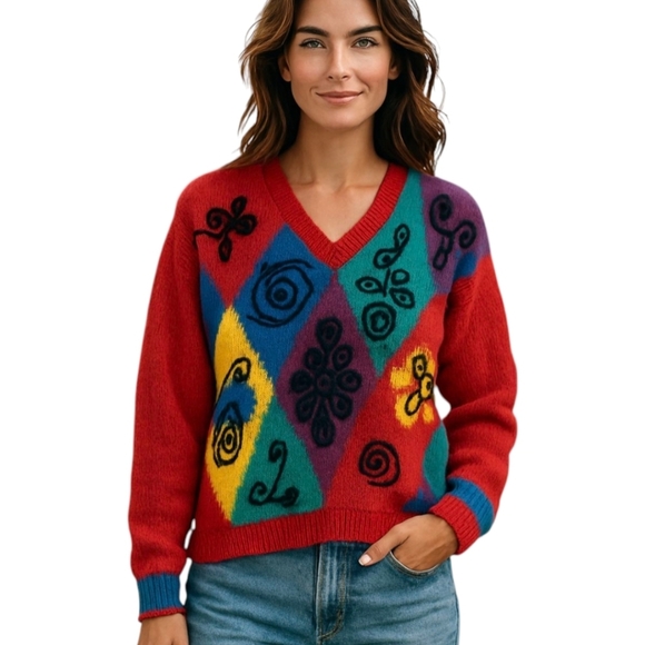 Vtg mohair blend oversized colorblock fuschia pink patterned argyle sweater  M/L - Picture 1 of 9